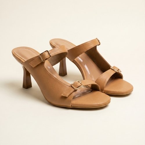 Caramel Chic Double-Buckle Mule Heels