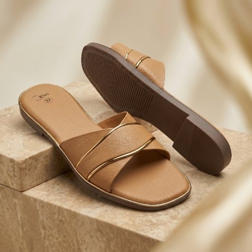 Sand Dune Gold-Trim Cross-Strap Slides