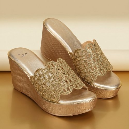 Champagne Glitz Cutwork Wedge Slides