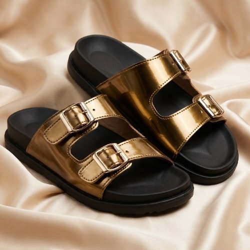 Bronze Mirror Double-Buckle Comfort Slides