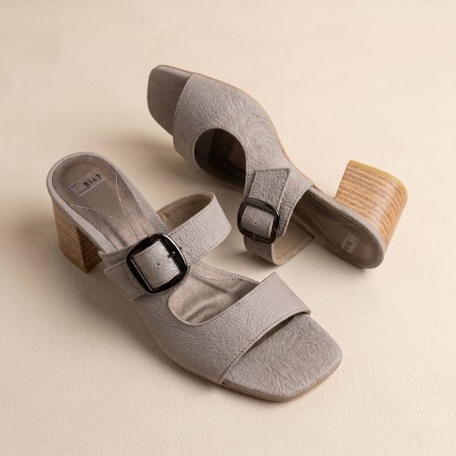 Stone Grey Buckle Strap Block Heel Sandals
