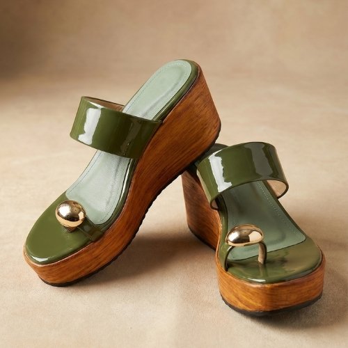 Olive Gloss Wooden-Wedge Toe-Ring Sandals