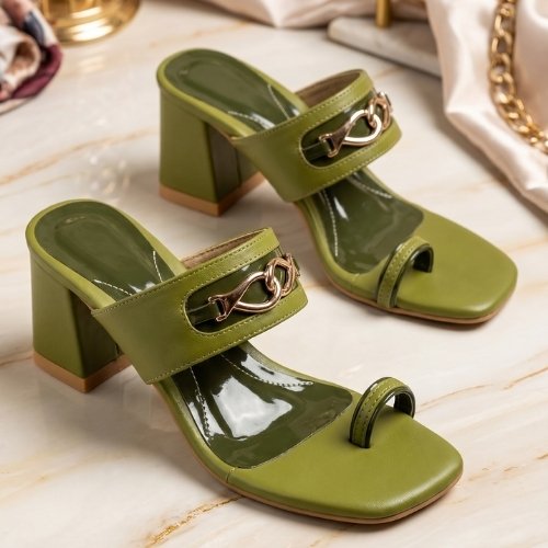 Olive Bit-Chain Toe-Ring Block Heel Mules