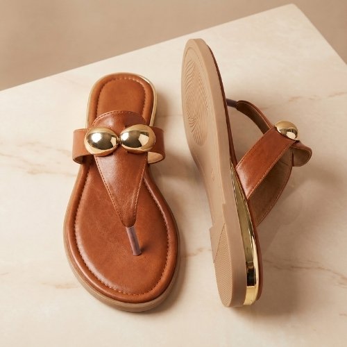 Cognac Gold-Dome Thong Sandals