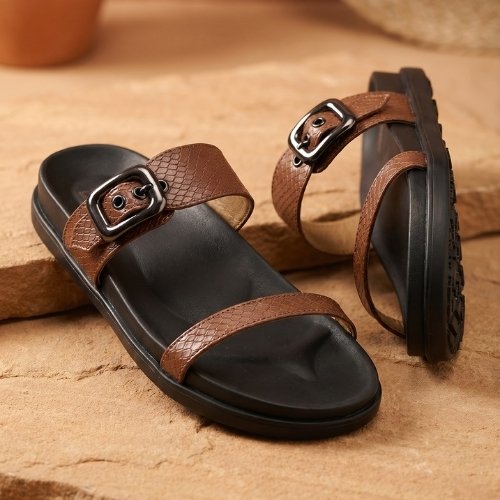Mocha Python Buckle Comfort Slides