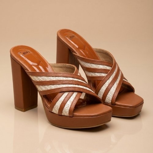 Cognac Weave Strappy Platform Block Heels