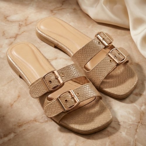 Beige Python Double-Buckle Flat Slides