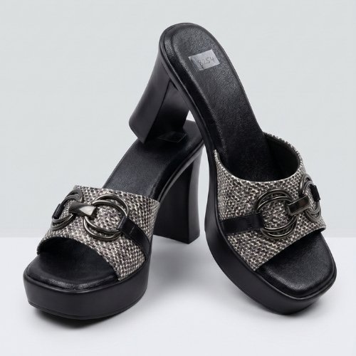 Midnight Chain Platform Block Heel Mules