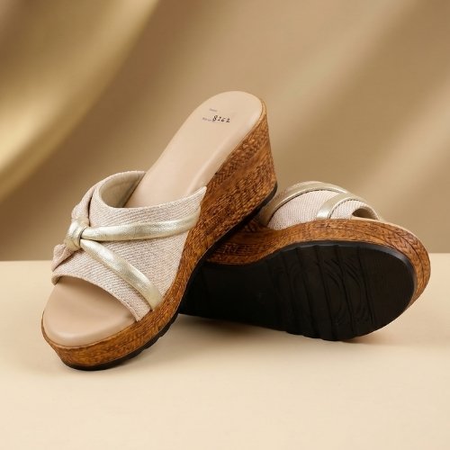 Champagne Knot Woven-Wedge Slides