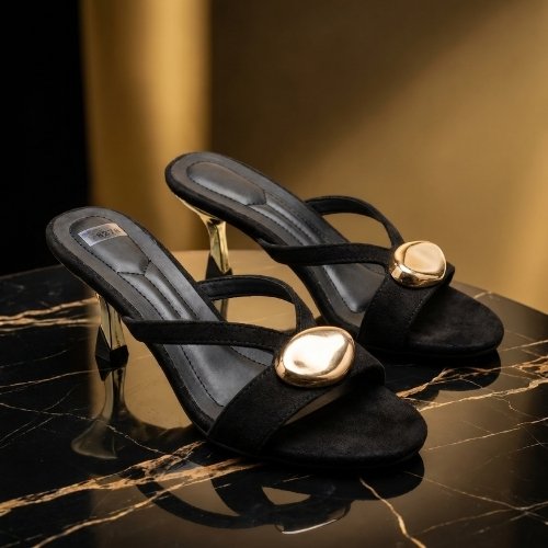 Black Suede Oval-Gold Accent Mule Heels