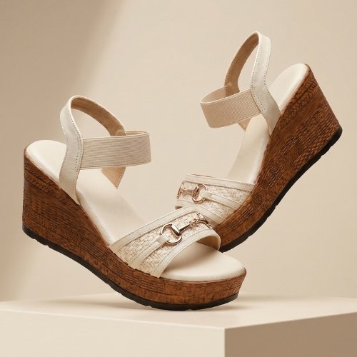 Ivory Bit-Detail Woven Wedge Sandals