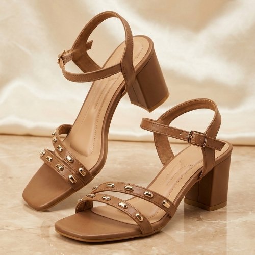 Caramel Studded Strap Block Heel Sandals