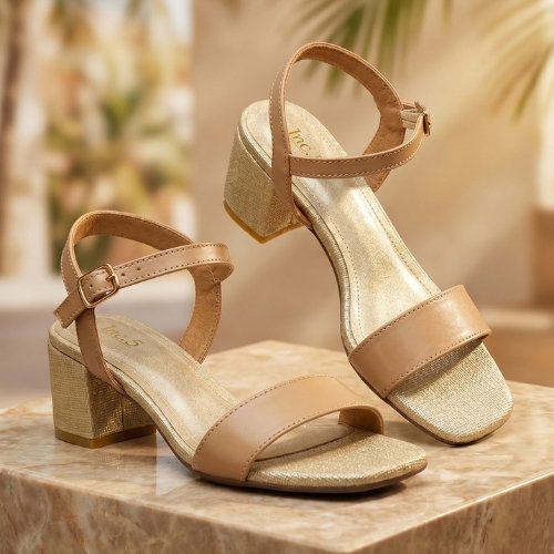 Nude Gold-Shimmer Block Heel Sandals