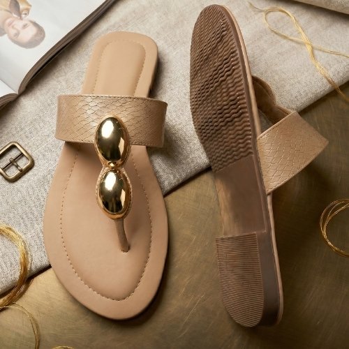 Nude Python-Texture Gold Oval Thong Slides