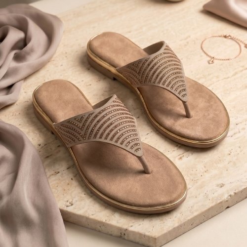 Taupe Radiance Studded Thong Slides