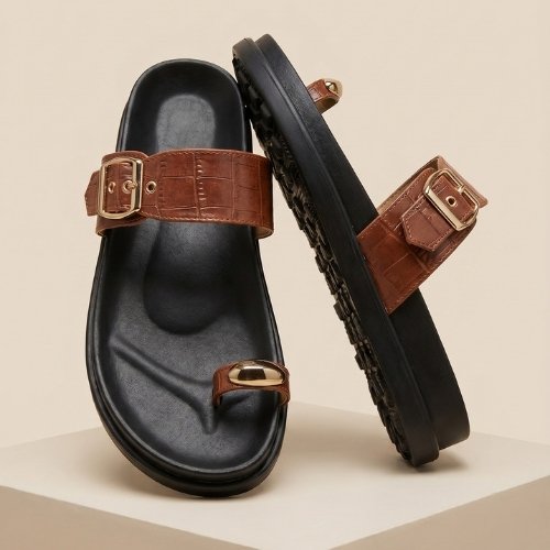 Cocoa Luxe Buckle Toe-Ring Slides