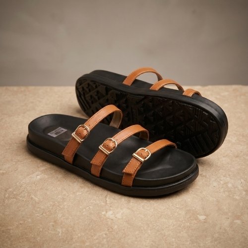 Camel Triple-Buckle Strap Slide Sandals