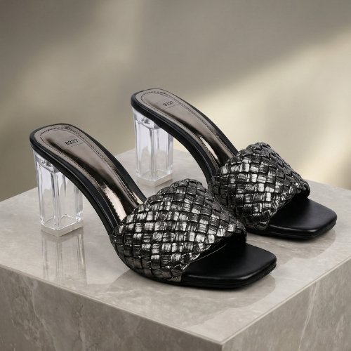 Midnight Weave Crystal Heel Mules