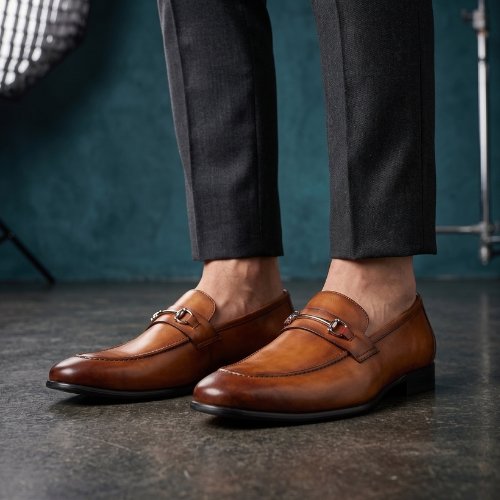 Mens Tan Formal Solid Pointed Toe Loafer Shoe