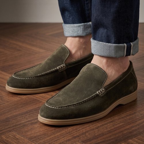 Mens Olive Solid Round Toe Casual Leather Slipon Shoes
