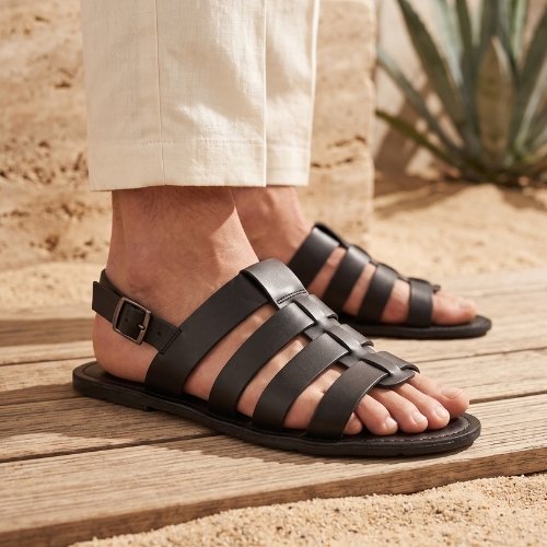 Mens Black Casual Open Toe Flat Backstrap Sandals