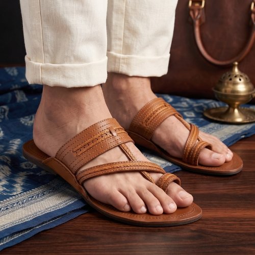 Mens Tan Casual One Toe Flat Slip-Ons